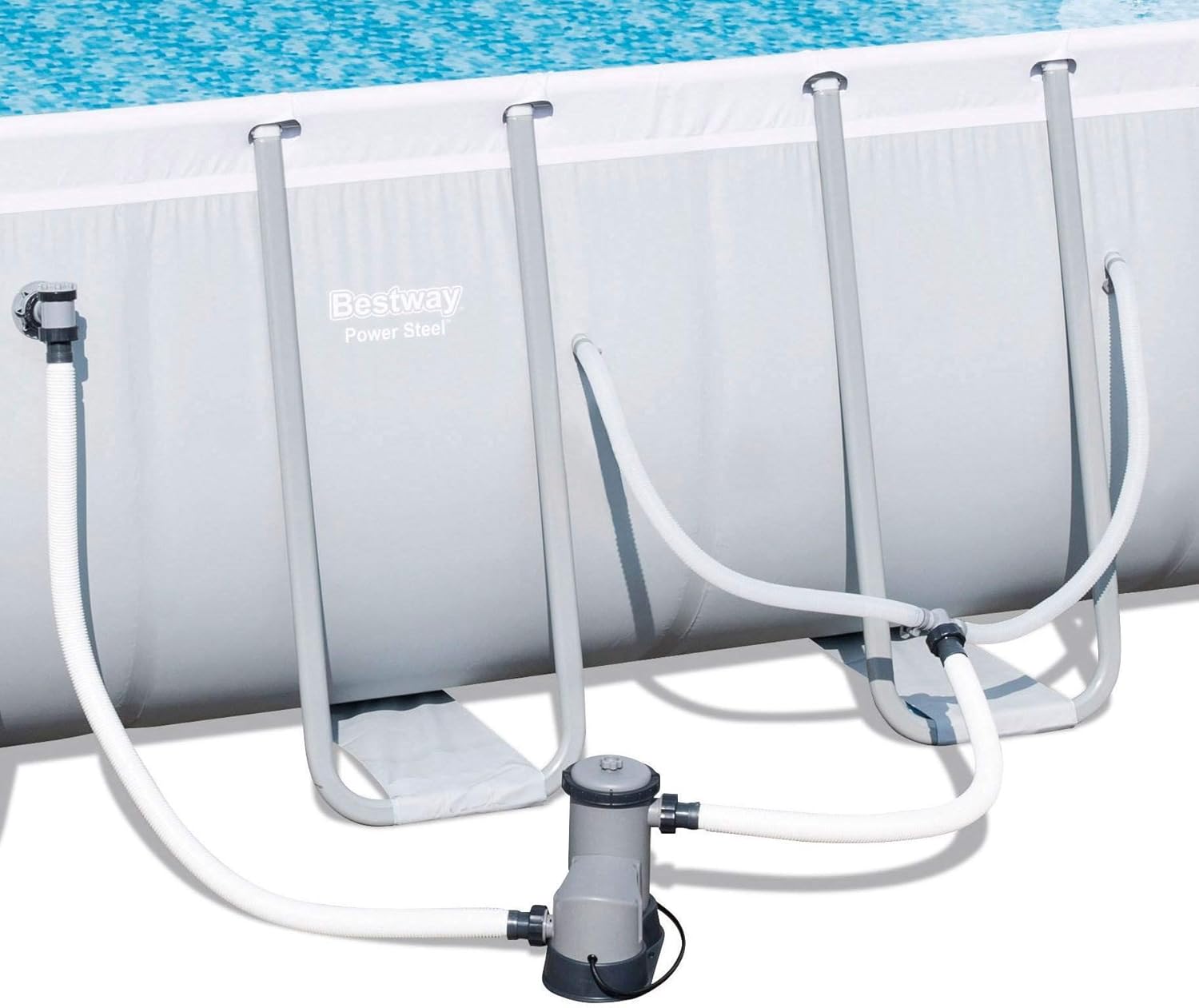 Bestway 56711E Power Steel 18' x 9' x 48 Outdoor Oval Frame Above Ground Swimming Pool Set with 1500 GPH Cartridge Filter Pump, Cover, & Ladder, Gray