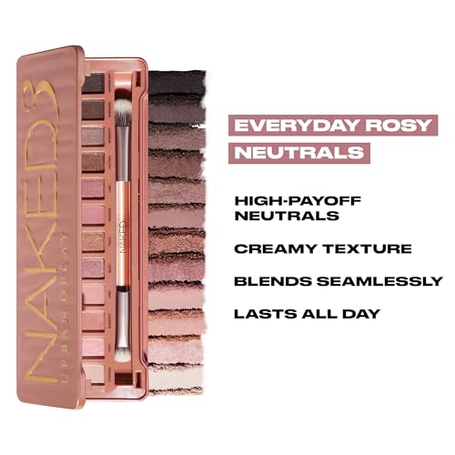 Urban Decay Naked 3 Eyeshadow Palette, Soft Pink Neutral Makeup Palette, Matte, Metallic, Shimmer Finish, 12 Mauve Brown & Nude Eye Shadows