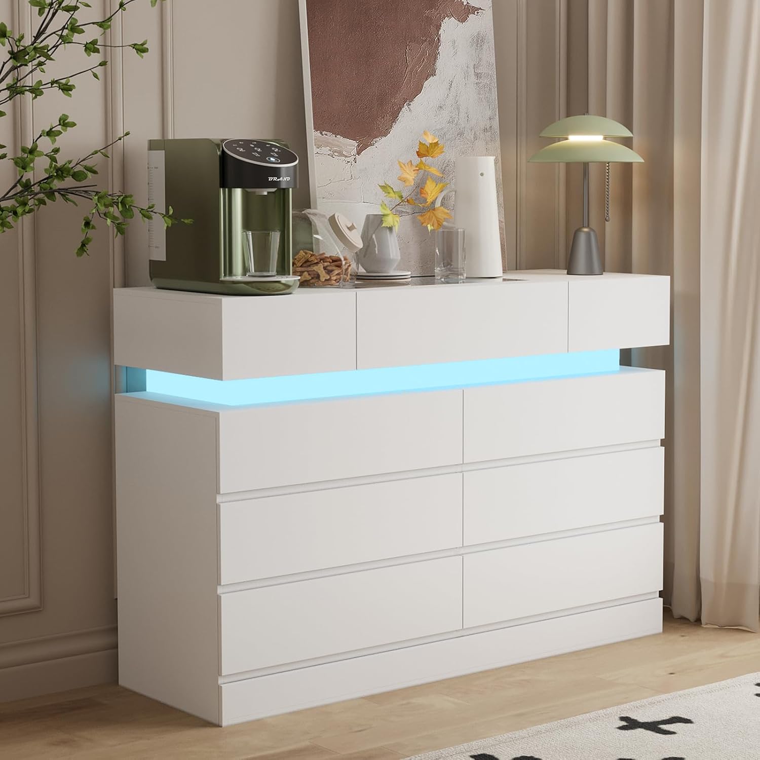ARTETHYS White Dresser for Bedroom 6 Drawer Dresser Organizer for Closet Clothes Chest of Drawers with LED Lights 47’’ Modern Storage Cabinet with