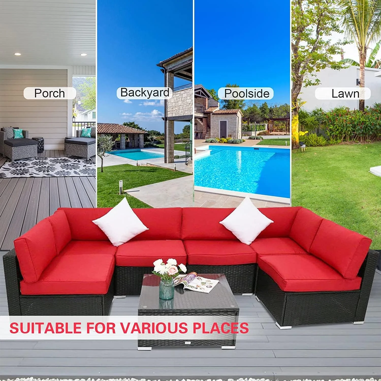 Kinbor 7pcs Outdoor Patio Furniture Sectional Pe Rattan Wicker Rattan Sofa Set with Red Cushions