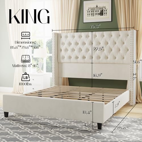 Jocisland King Upholstered Bed Frame with Tall Headboard Wingback Platform Bed Tufted Deep Button Velvet/No Box Spring Needed/Easy Assembly/Light Grey