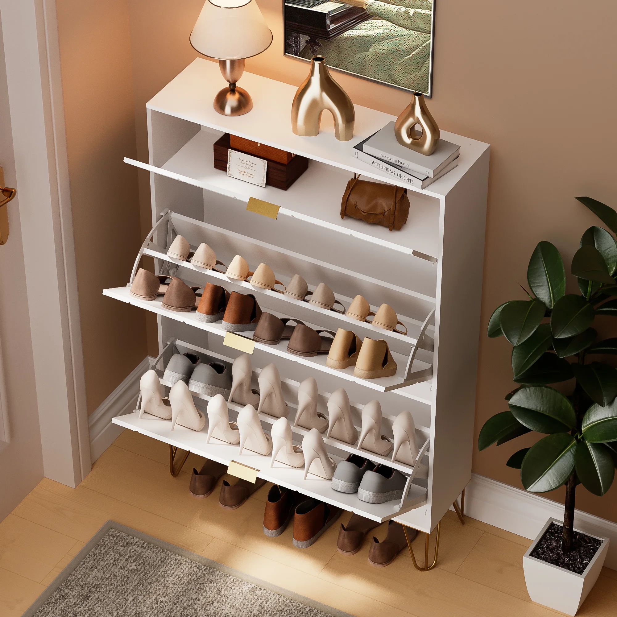 Eclife Entryway Furniture Shoe Cabinet Flip Down Drawers, Slim Tall Shoe Rack Storage Organizer, White, 32"W x 9"D x 47"H