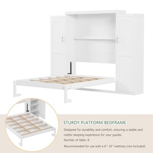 Polib Full Size Murphy Bed with Two Wardrobes and Storage Shelf, Space-Saving Wall Cabinet Bed with Foldable Platform Bedframe for Small Bedrooms