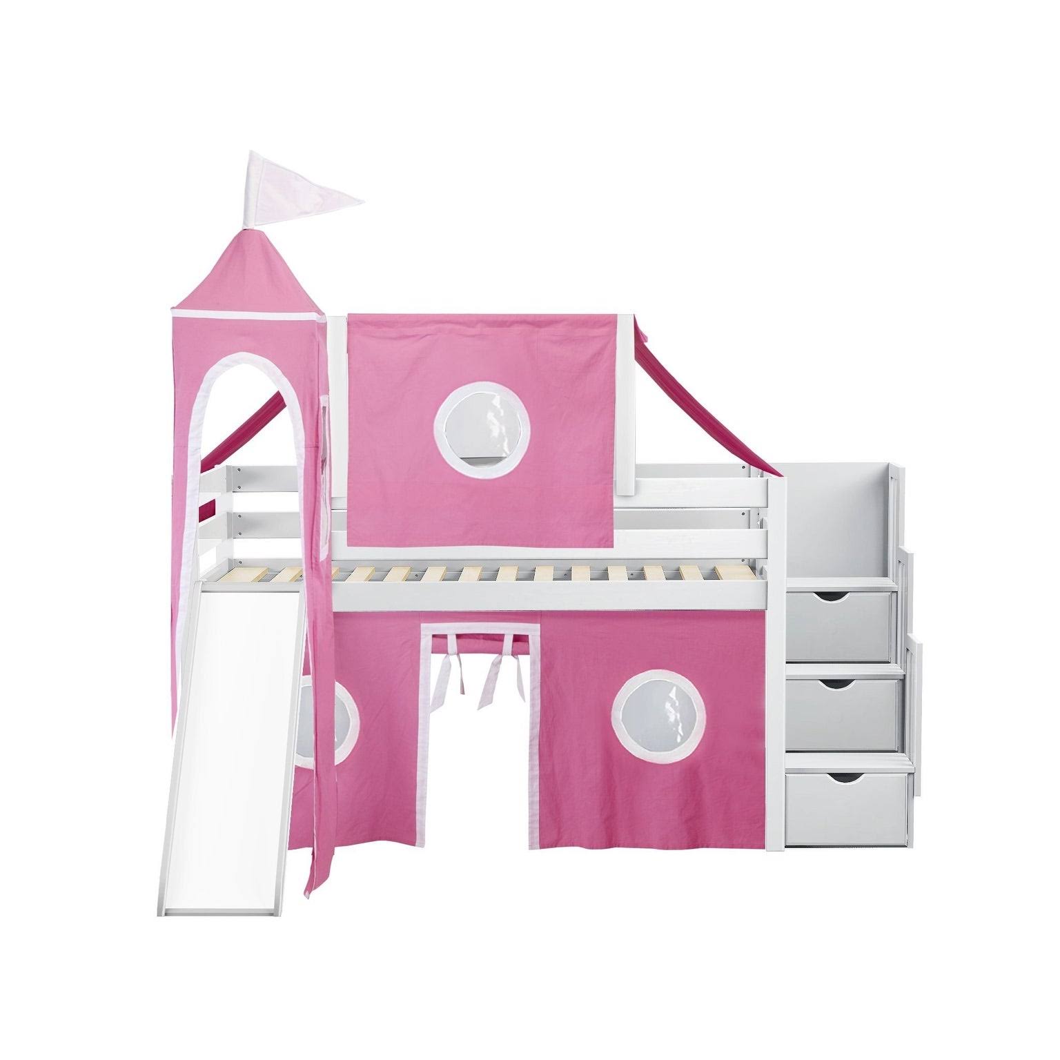 Jackpot! Princess Low Loft Twin Stairway Bed with Slide Pink Camo Tent and Tower, Blue