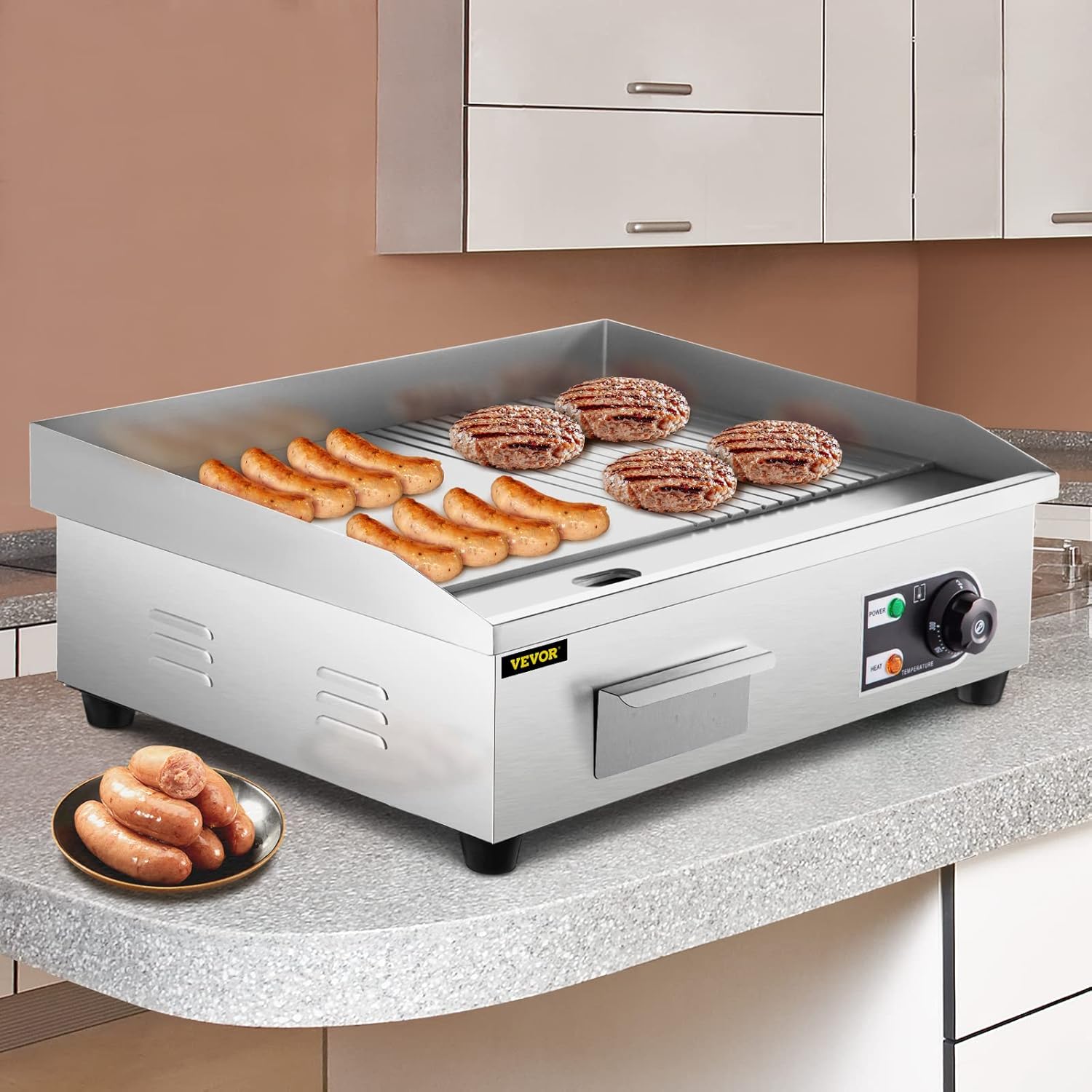 VEVOR 22" Commercial Electric Griddle, 1600W Electric Flat Top Grill, Half Grooved Teppanyaki Grill