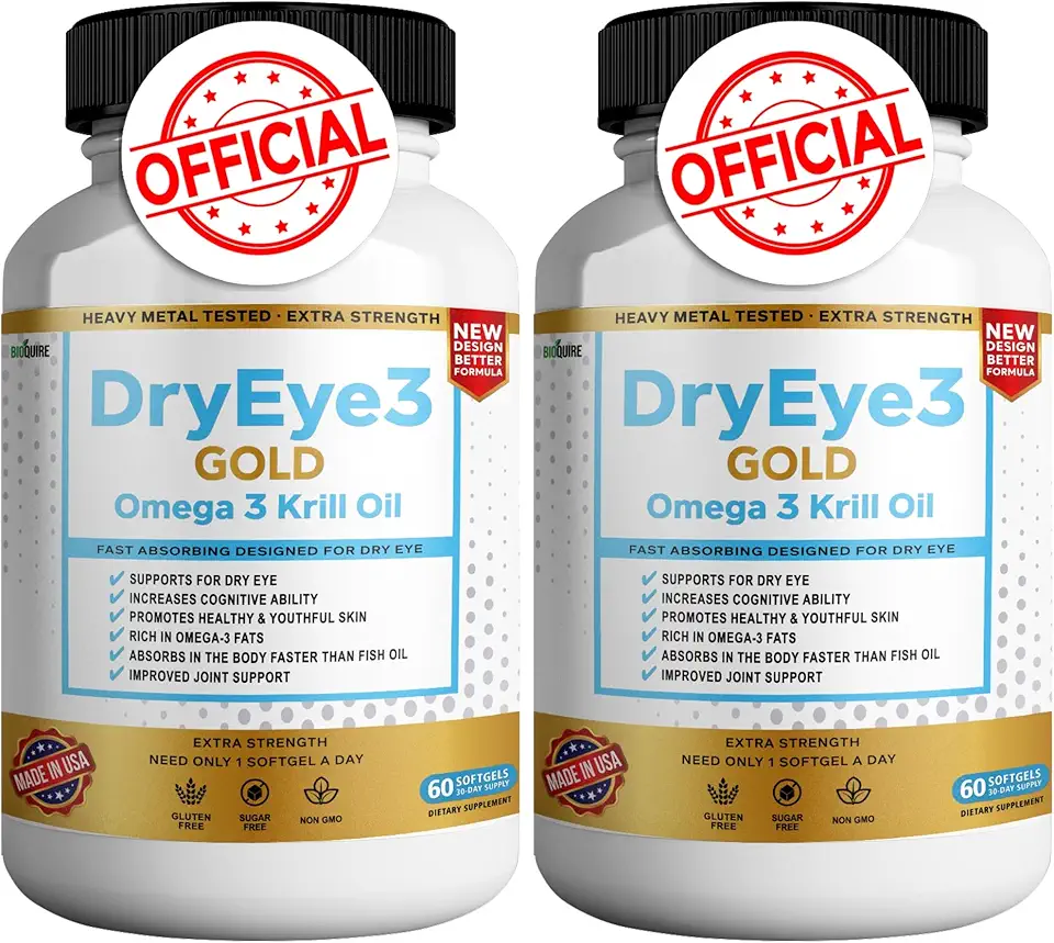 Dry Eye 3 Gold Omega 3 Krill Oil Extra Strength, 60 Softgels, Dry Eye Support, Non-GMO, Gluten Free, Sugar Free (2) - Kansas Nuitrition - HNZSDS