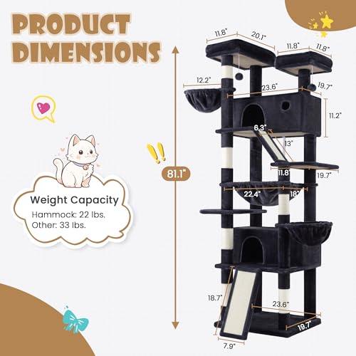 SHA CERLIN 81in Multi-Level Tall Cat Tree Tower for Indoor Kitties/Larger Cat Condo Furniture with Hammock/Cozy Pussycat Perches/Sisal Scratching