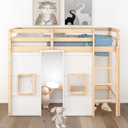 Full Size Loft Bed with L-Shaped Desk, Wardrobe and Storage Shelves, Solid Wood Bedframe w/Safety Guardrails & Ladder for Kids Teens Adults