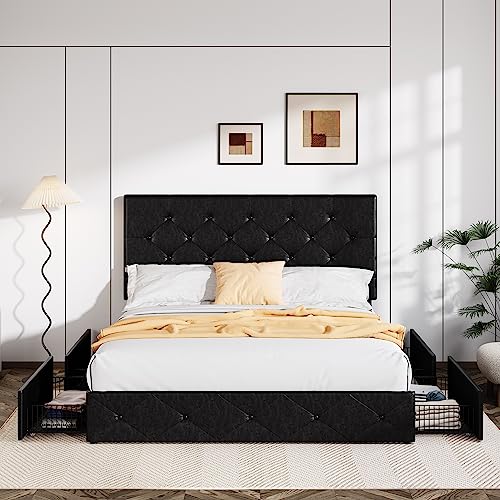 Allewie Upholstered Queen Size Platform Bed Frame with 4 Storage Drawers and Headboard, Square Stitched Button Tufted
