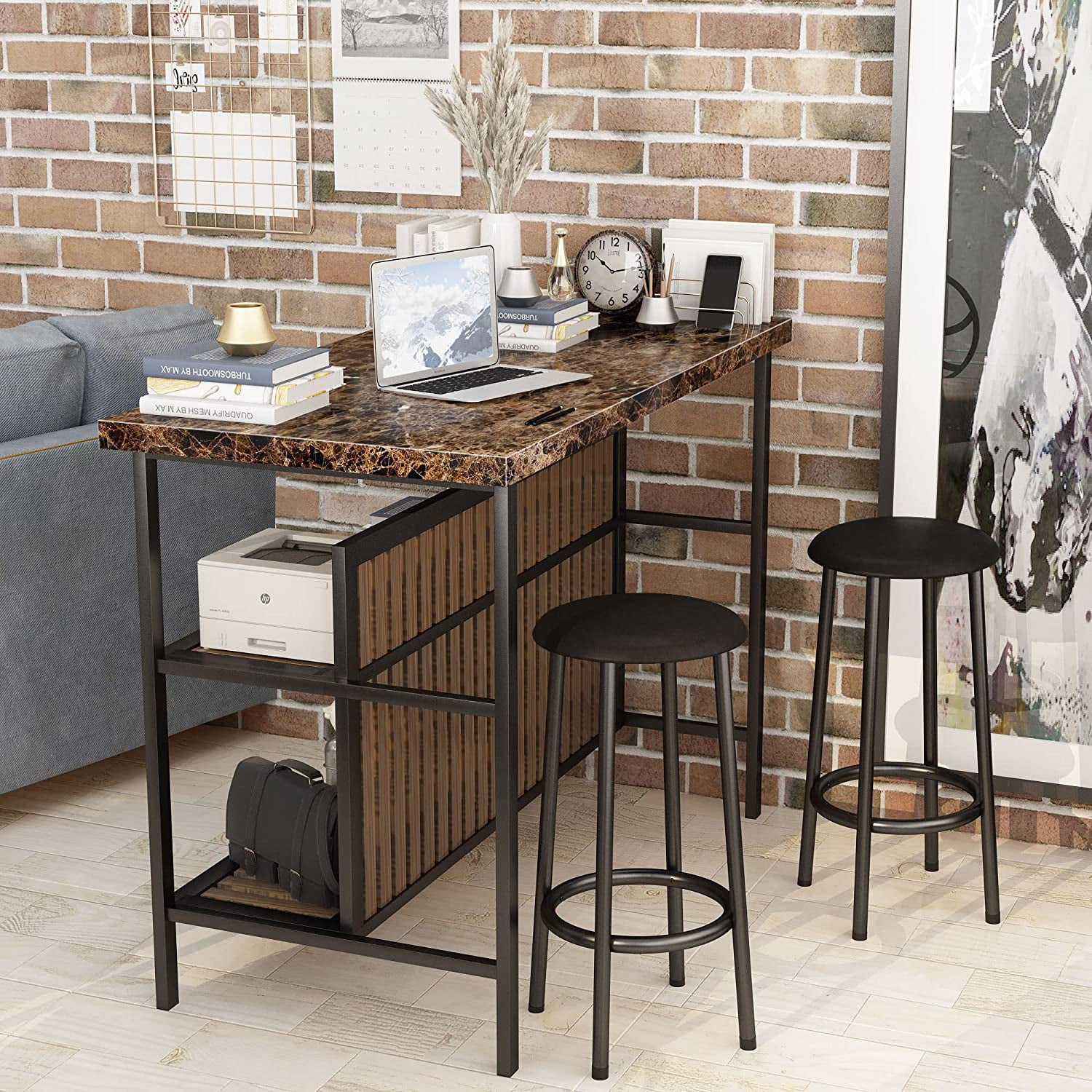 tantohom 3-Piece Home Bar Dining Table Set, 47 inch Bar Height Table and Chairs with Top Artificial Marble and 2-Layer Storage Shelf