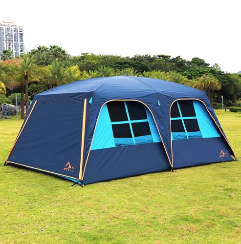 KTT Extra Large Tent 10-12-14 Person(B),Family Cabin Tents,2 Rooms,3 Doors and 3 Windows with Mesh,Straight Wall,Waterproof,Double Layer