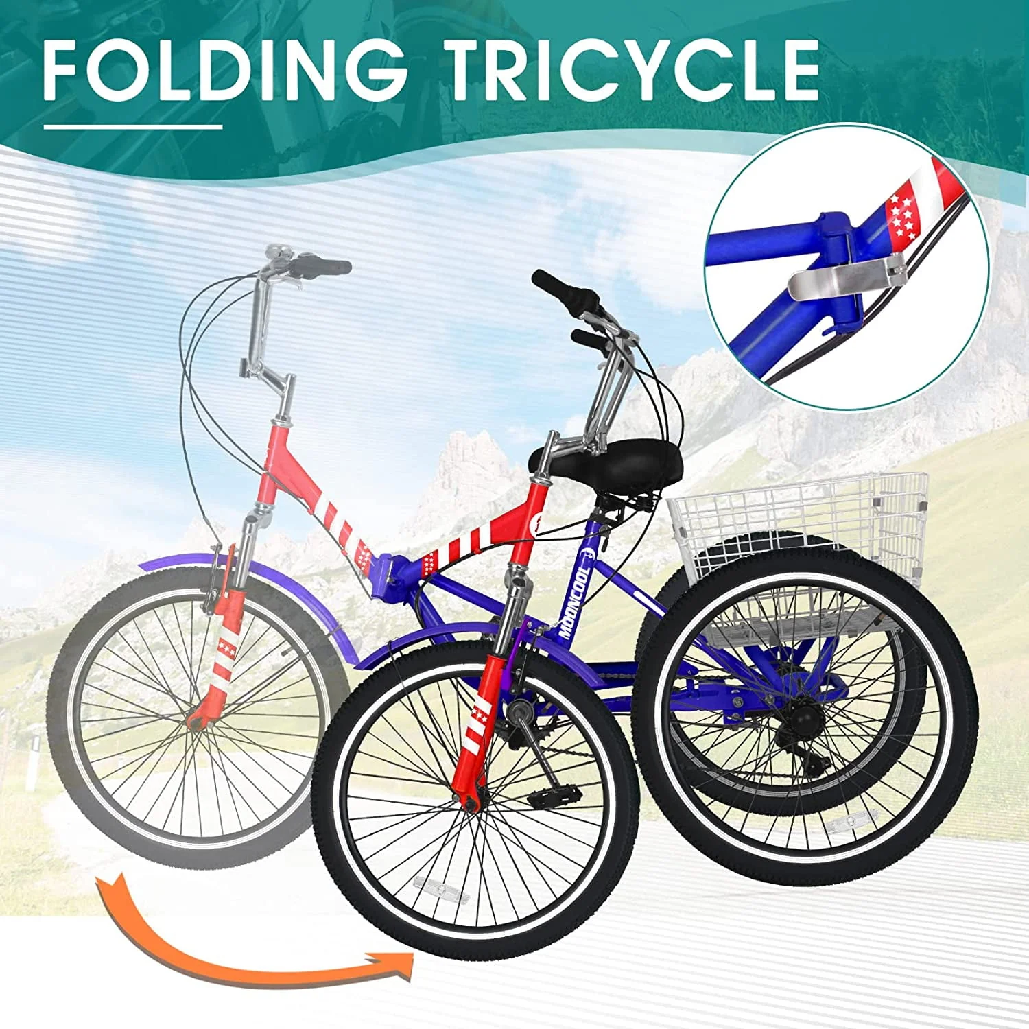 MOONCOOL Adult Folding Tricycle for Adults, 7 Speed 20/24/26 inch 3 Wheels Bikes with Basket, Foldable Tricycle for Adults, Women, Men, Seniors