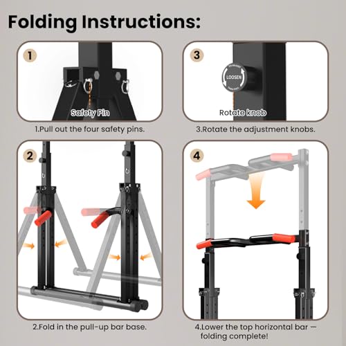 Power Tower Pull Up Dip Station Foldable, Pull Up Bar Station Adjustable, Multi-Function Home Gym, Strength Training Fitness Equipment