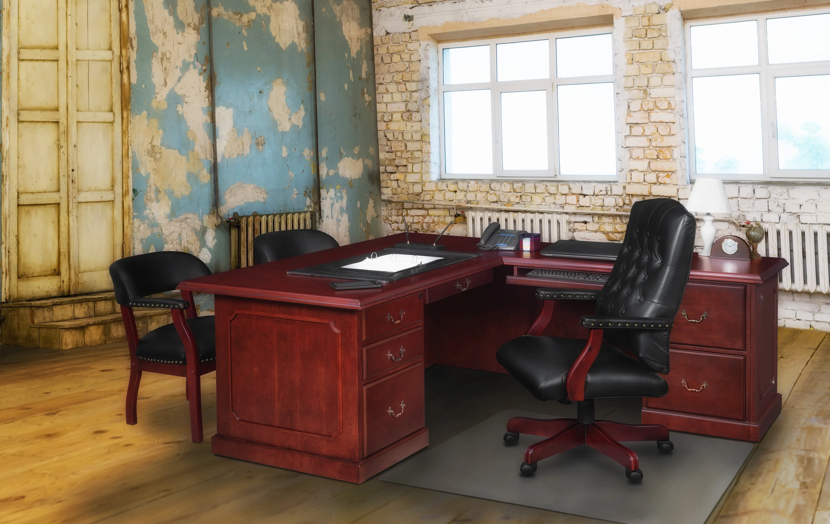 Regency Prestige 72 x 36 in. L Shape Desk with Double Pedestal Drawer Unit - Mahogany