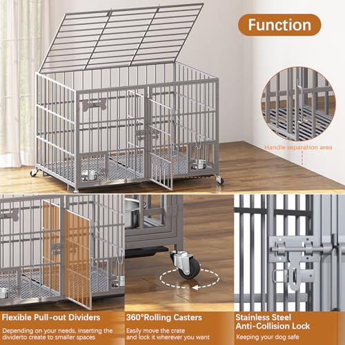 aboxoo 42/48 inch Heavy Duty Metal Dog Crate for 2 Dogs/Large Dog,All Metal Open Top,Dog Kennel Indoor with Wheels,Floor Grid, Tray