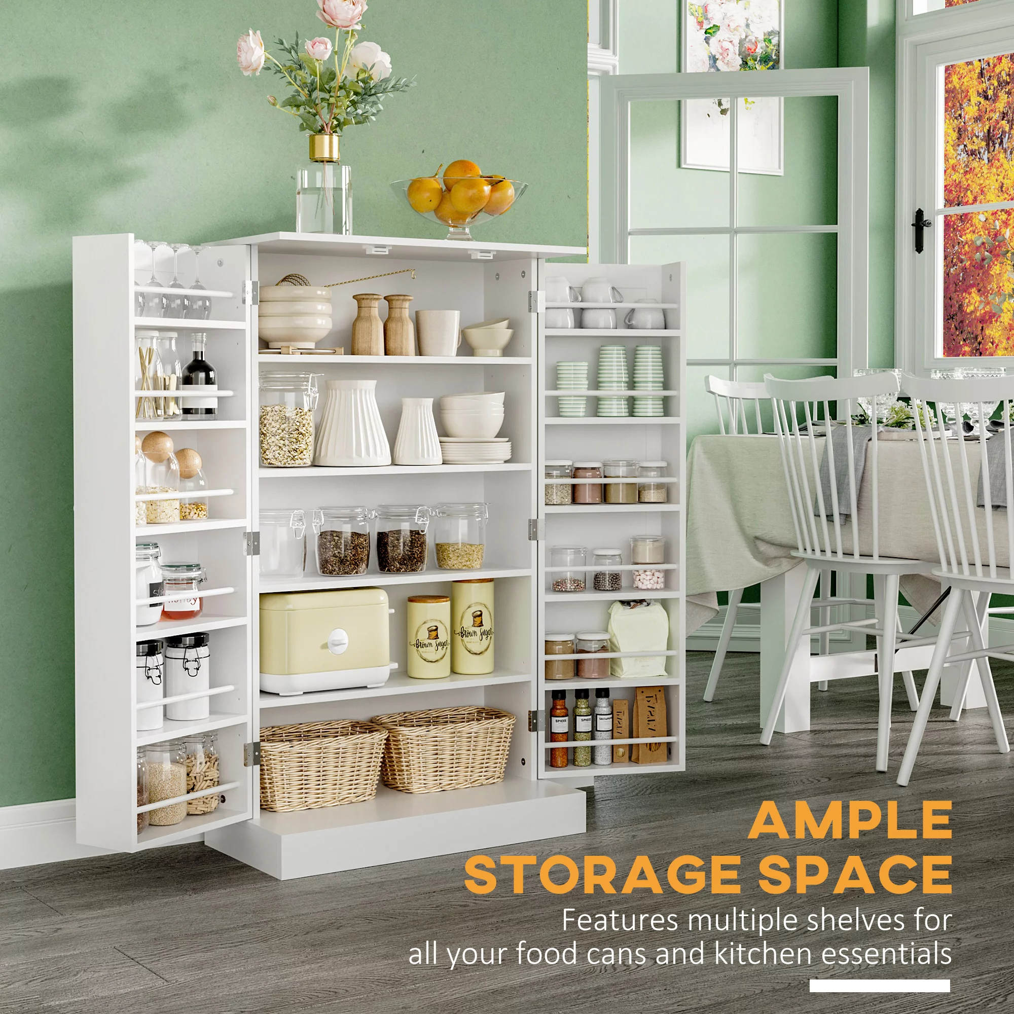 HOMCOM 41" Farmhouse Kitchen Pantry, Freestanding 2 Door Storage Cabinet with Adjustable Shelves for Living Room and Dinning Room,White