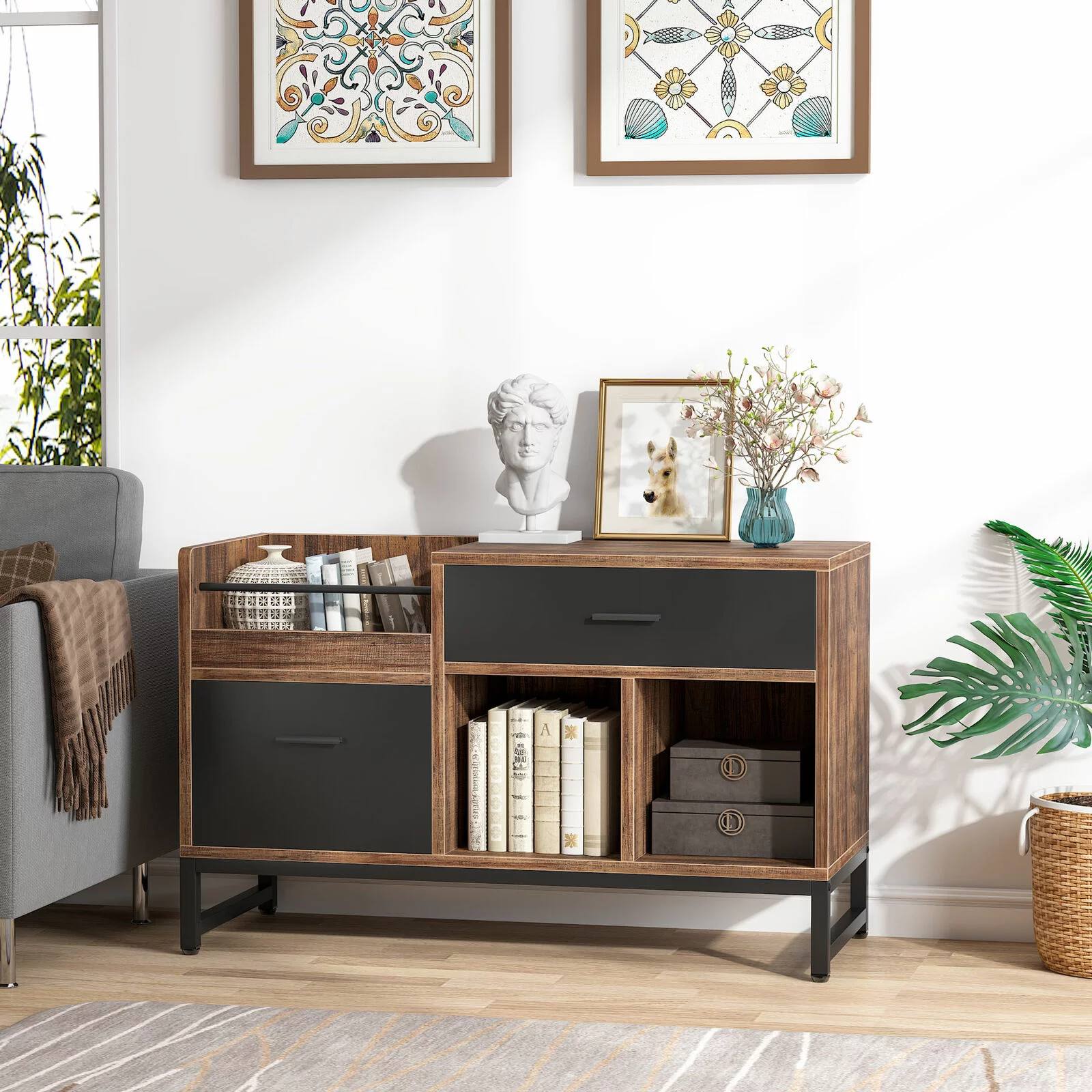 2 Drawers Lateral File Cabinet Rustic Wood Printer Stand with Open Storage Shelves