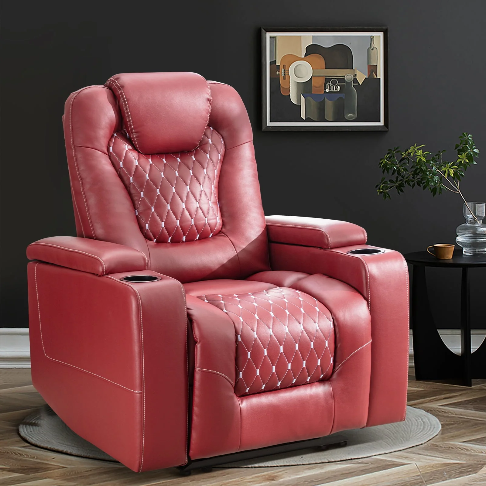 Bonzy Home Overstuffed Electric Home Theater Seating PU Leather Reclining Furniture with with USB Ports and Cup Holders and Hidden Arm Storage - Black