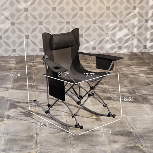 Outsunny Folding Rocking Camping Chairs for Adults, Portable Outdoor Rocking Chairs with Headrest, Cooler Bag, Cup Holder