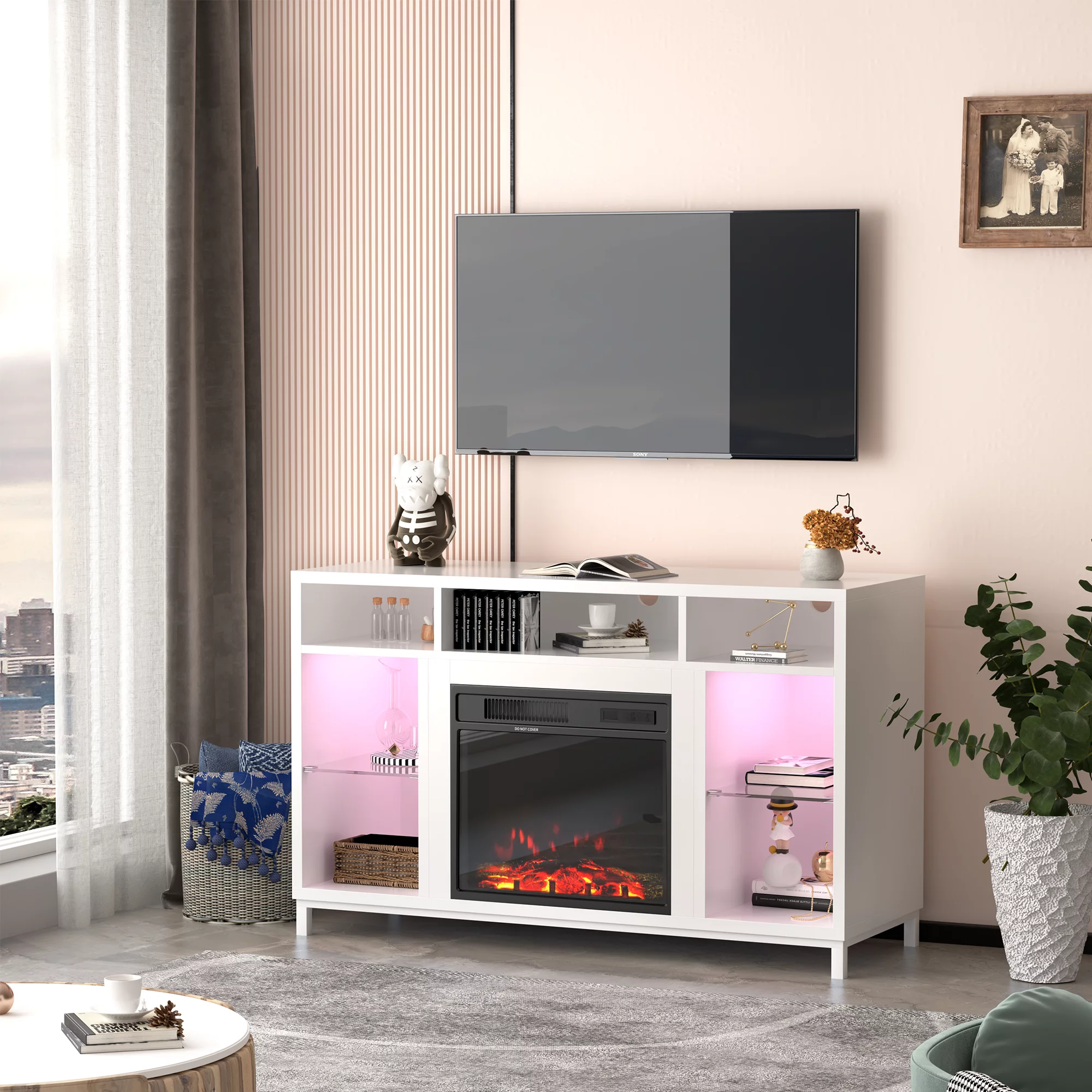 Fireplace TV Stand with 18" Electric Fireplace, Entertainment Center with Adjustable Glass Shelves, TV Console for TVs up to 47"