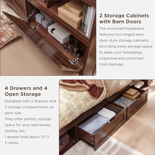 Queen Size Wood Bed Frame Farmhouse with 52" Tall Storage Bookcase Headboard, LED Light,Charging Station,4 Drawers and Solid Wood Slats Support