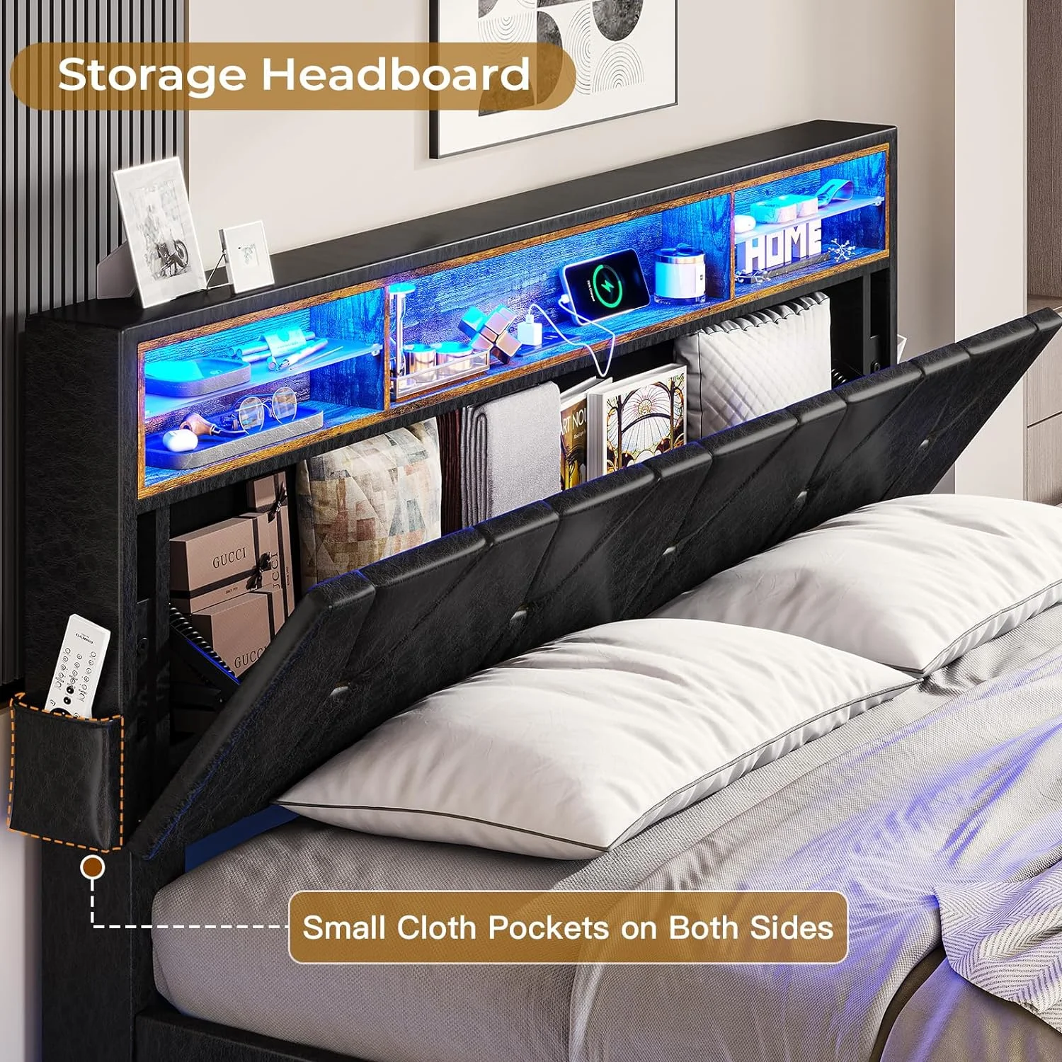 Full Size LED Bed Frame with Upholstered Storage Headboard,Platform Bed with Charging Station and LED Lights,Adjustable Headboard