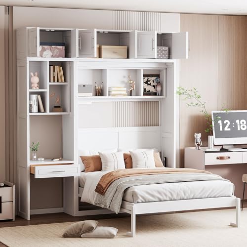 Polibi Full Size Wall Murphy Bed with Built-in Desk & Shelves - Multi-Functional Wall Bed for Small Apartments, 3 Storage Cabinets
