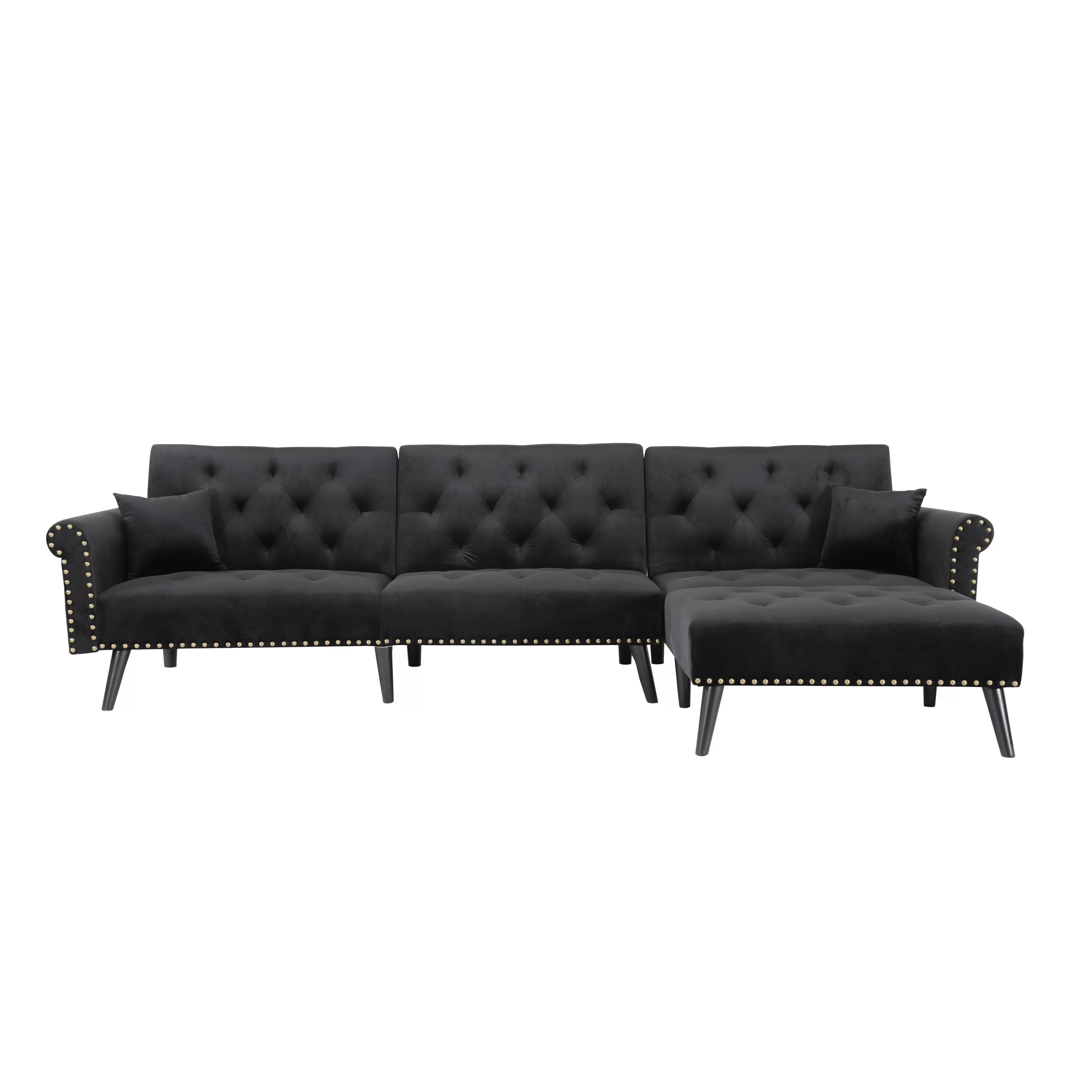BSHTI 115 inch Stylish Minimalist Sectional Sofa Couch,Velvet Sleeper Futon bed with Reversible Chaise for Living Room(Black)