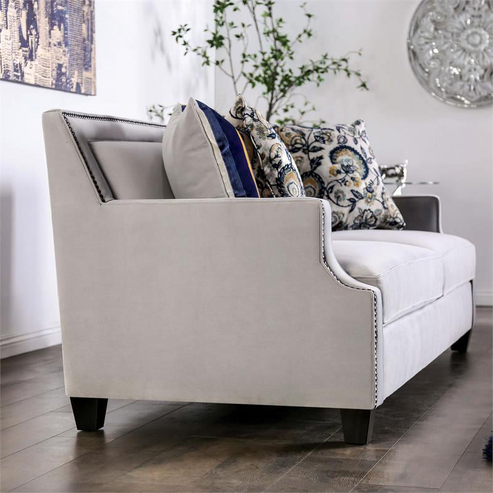 Furniture of America Brier Transitional Fabric Nailhead Sofa in Light Gray