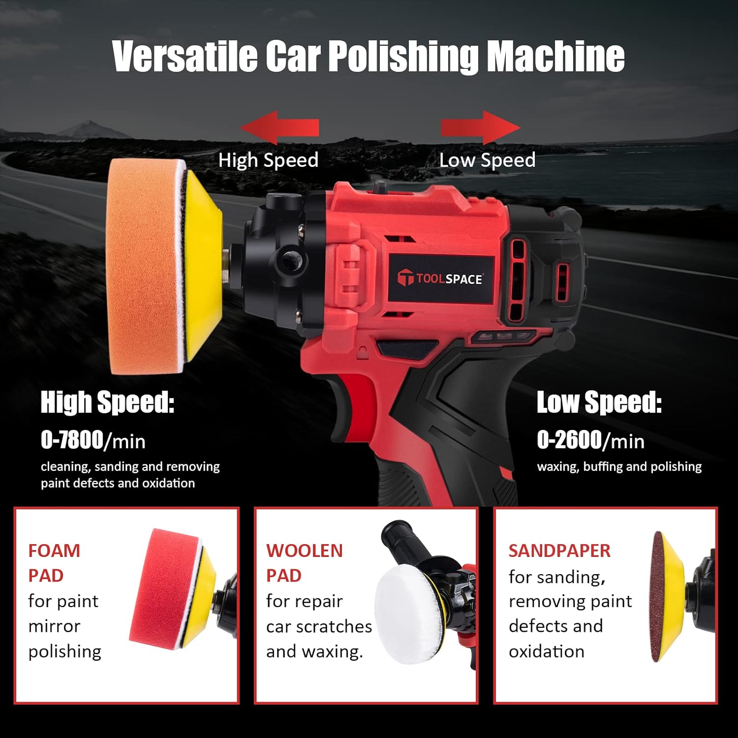 TOOLSPACE 46pcs Cordless Car Buffer Polisher Kit 12V 7800RPM with 2 x 2.0Ah Li-ion Batteries