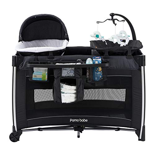 Pamo Babe 4 in 1 Portable Baby Crib Deluxe Nursery Center, Foldable Travel Playard with Bassinet, Mattress, Changing Table for Newborn, Infant