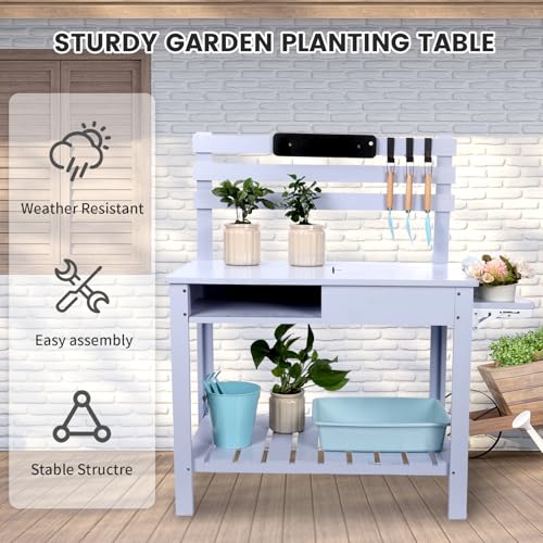 Potting Bench Table Outdoor Garden Table Wooden Work Station Outdoor Garden Work Bench Platform with 3 Side Hook Shelf Natural Wood Rice-White