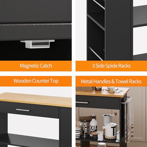 Shintenchi Rolling Kitchen Island Cart with Folding Drop Leaf Breakfast Bar, Portable Trolley Island with Large Storage Cabinet, Shelf and Drawer