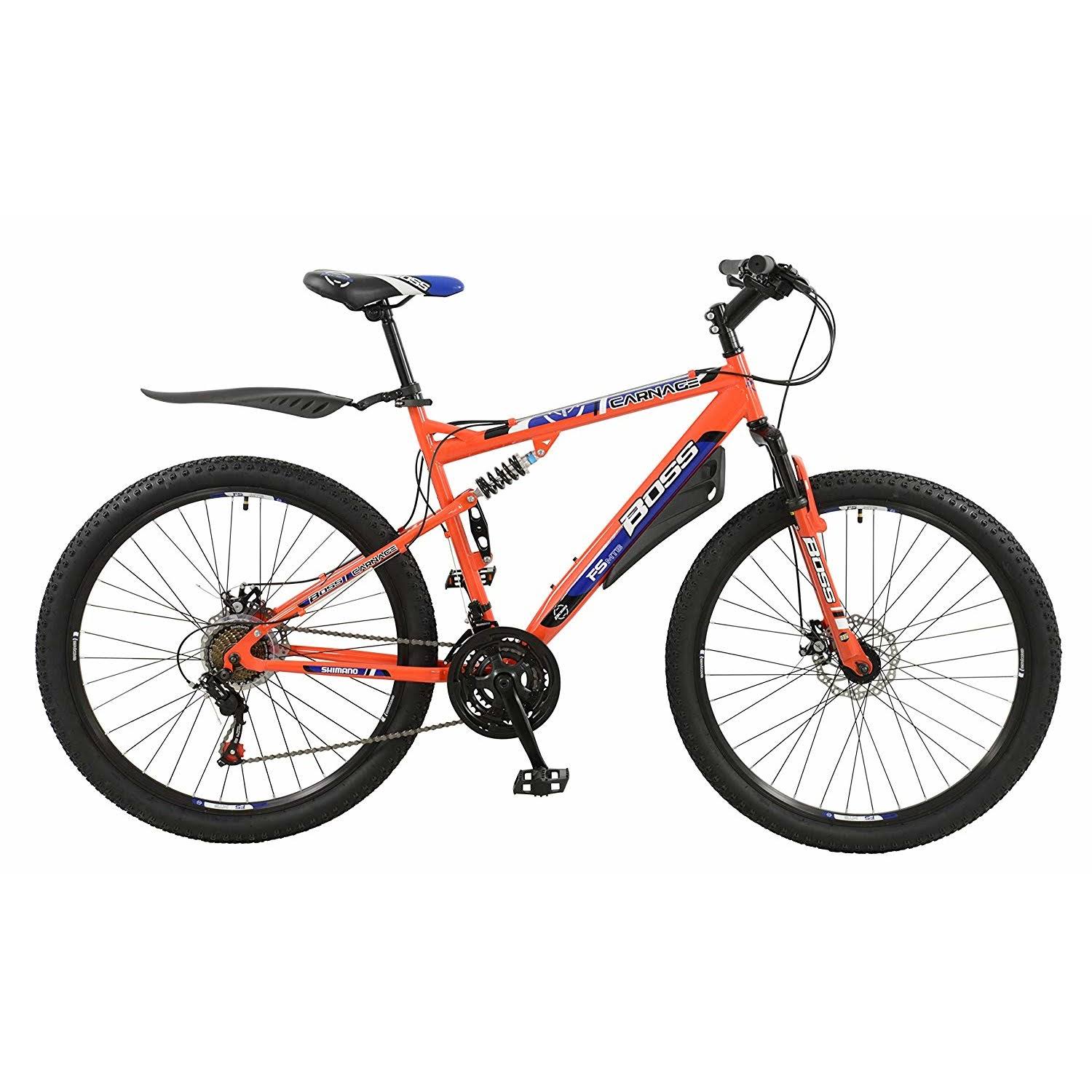 Boss Carnage 27.5 inch Full Suspension Mountain Bike 24 Speed Dual Suspension 18 inch Frame Colour Orange Male Teenager-Adult