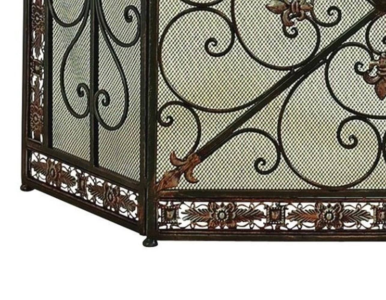 Benzara Traditional Design 3- Panel Metal Fire Screen, Bronze