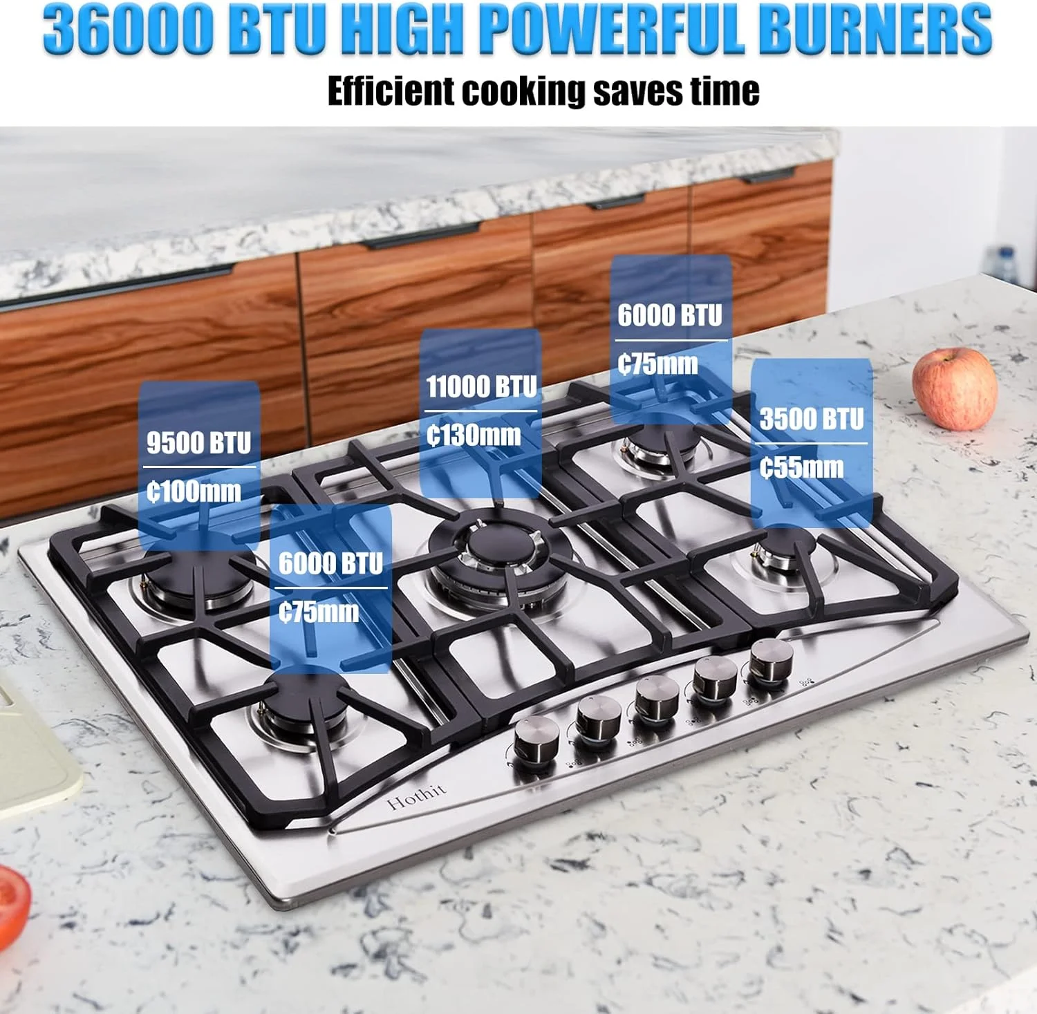 Tabaray Propane Gas Cooktop 30" Inch, 5 Burner Built-in Stainless Steel Gas Stove Top, LPG/NG Dual Fuel