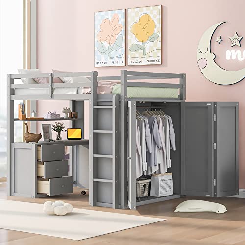 Harper & Bright Designs Full Size Loft Bed with Desk and Wardrobe, Solid Wood Loft Bed Frame with Storage Drawers, for Kids Teens Adults (White)