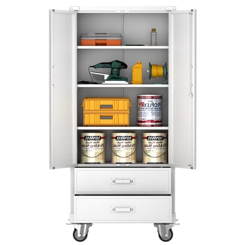 Aobabo 71" H×32" W×16" D Metal Storage Cabinet with Wheels, Garage Steel Storage Cabinet with 5 Adjustable Shelves and 4 Hooks for Home Office