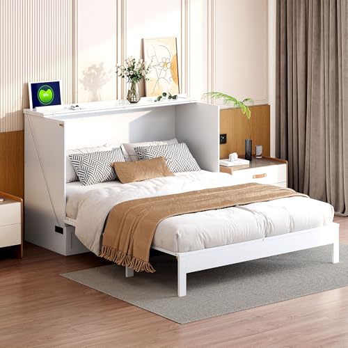 Harper & Bright Designs Queen Size Murphy Bed Cabinet Wall Bed Chest with USB, Charging Station and Large Storage Drawer for Home Office (White)