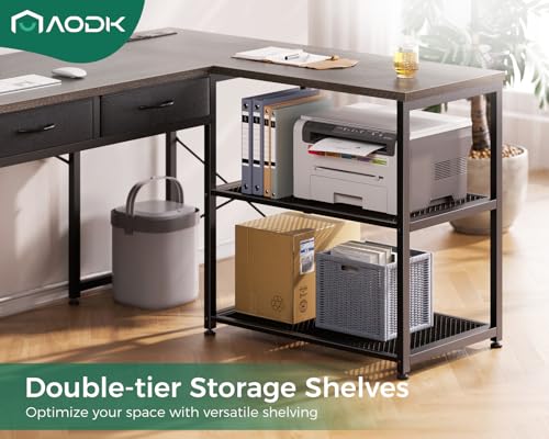 AODK 53 Inch L Shaped Computer Desk with Drawers, Corner Desk with Power Outlets & Reversible Storage Shelves