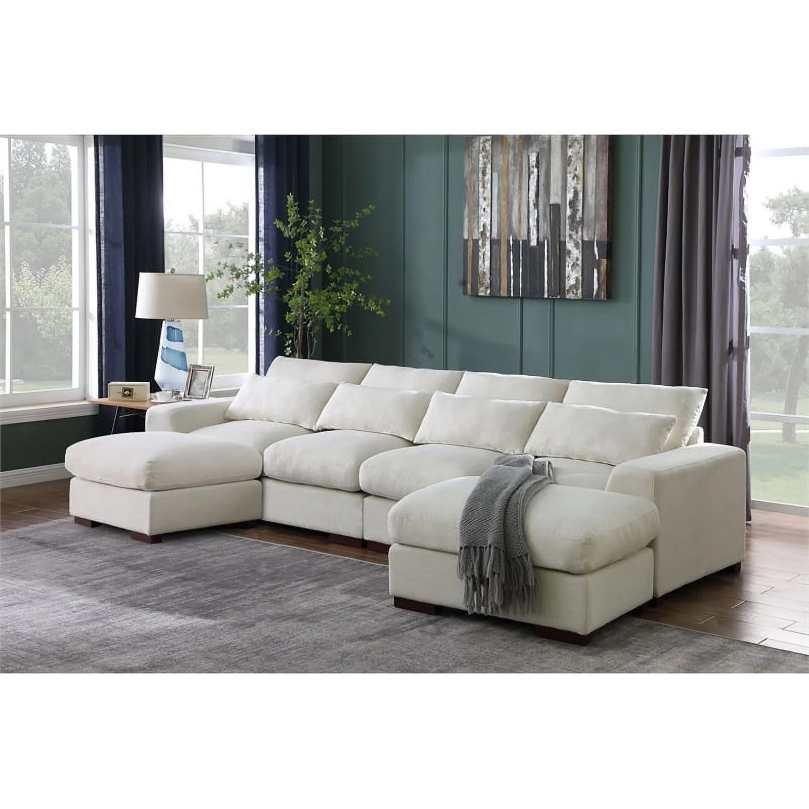Reversible Modular Sectional Fabric Sofa With Two Ottoman-Beige