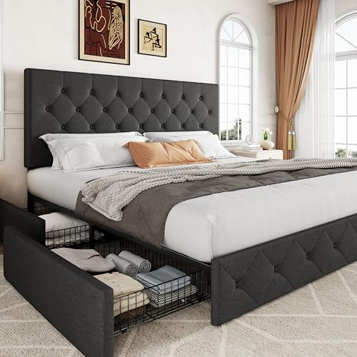 Allewie Upholstered Queen Size Platform Bed Frame with 4 Storage Drawers and Headboard, Square Stitched Button Tufted
