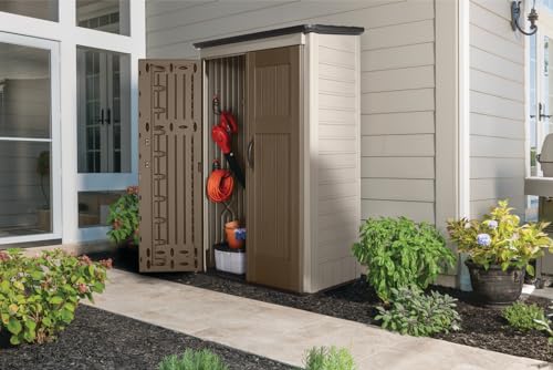 Rubbermaid Vertical Resin Outdoor Storage Shed With Floor (4 x 2.5 Ft) Weather Resistant Beige/Brown Organization for Home/Backyard/Pool