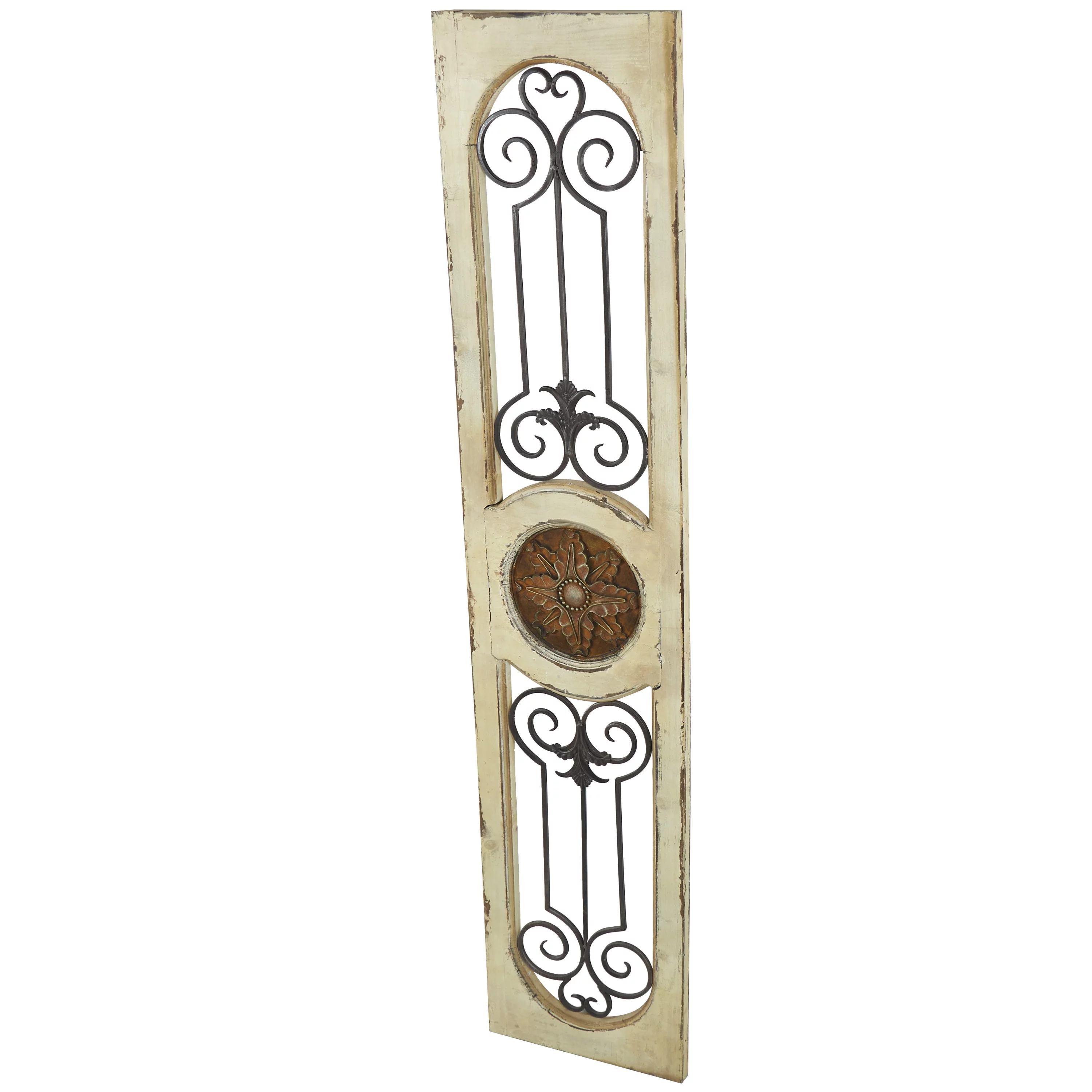DecMode White Wood Distressed Door Inspired Ornamental Scroll Wall Decor with Metal Wire Details