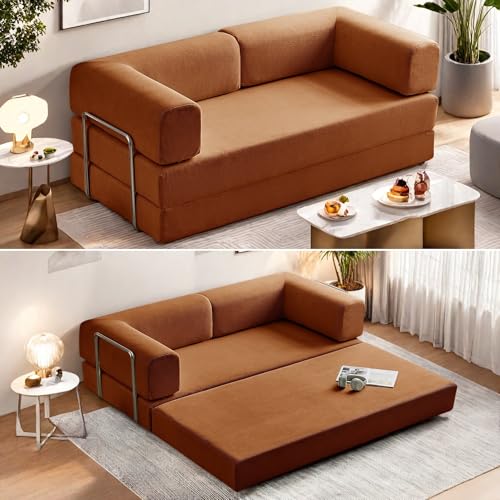 Convertible Floor Sofa Bed, Foldable Mattress Cloud Couch with Pillow Back & Armrest, Chenille Sleeper Sofa Bed with Fixed-Shape Frame