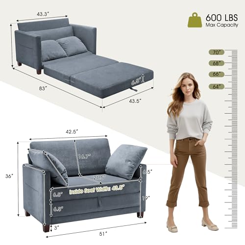 51" Loveseat Sleeper Sofa Bed, Chenille Convertible Floor Sofa Bed for Small Spaces, Folding Couch Bed with Deep Seat, 2 Pillows & Solid Frame