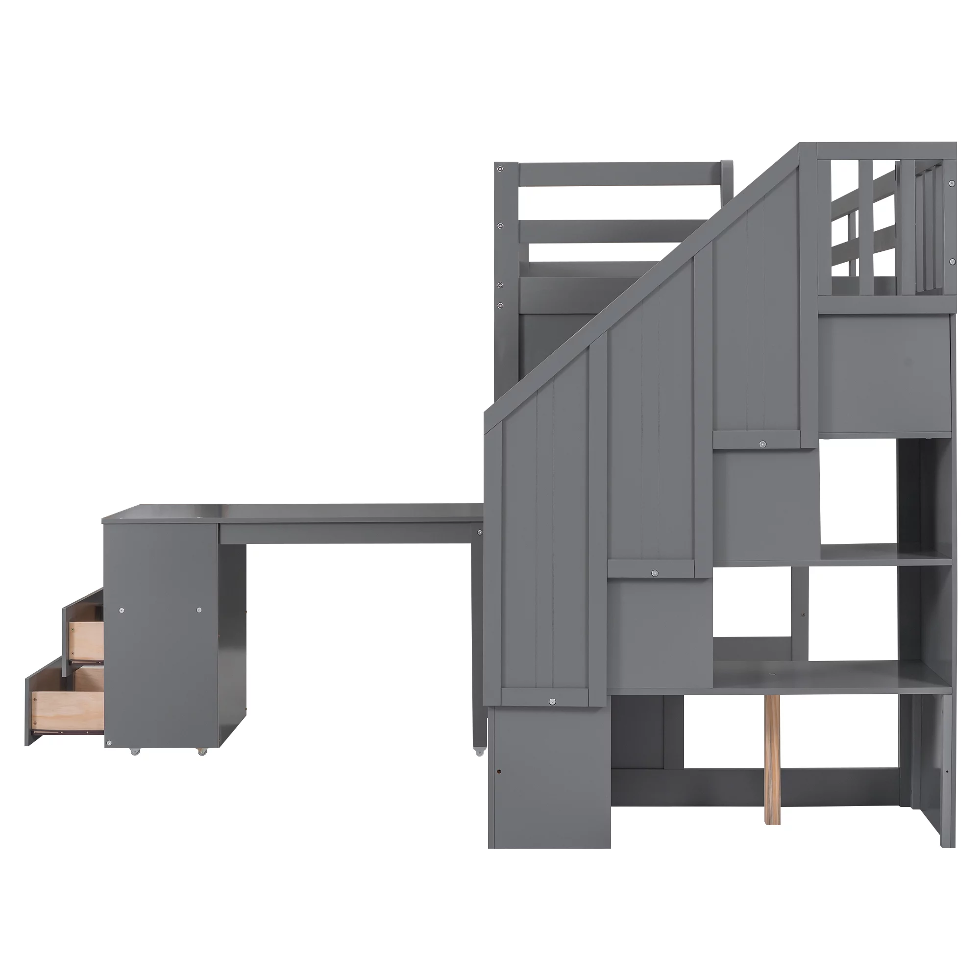 Churanty Twin Size Loft Bed with Pullable Desk and Storage, Wood Loft Bed with Staircase and Blackboard for Kids Teens Adults,Grey