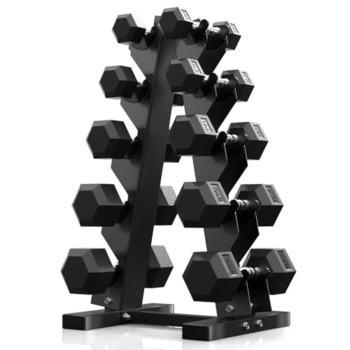 PAPABABE Hex Dumbbell Sets with Rack, 60-550lb Rubber Coated Dumbbell Weight Set and Storage Rack, Multiple Options Hand Weights for Strength Training