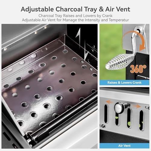 3 Burner Propane Gas and Charcoal Grill Combo with Side Burner & Porcelain-Enameled Cast Iron Grates, 37
