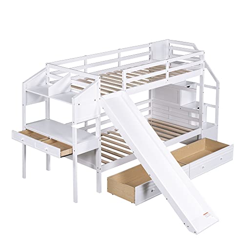 Full-Over-Full Castle Style Bunk Bed with 2 Drawers and 3 Shelves, Wood Bunk Bed Frame with Slide and Storage Staircase for Kids Teens Boys Girls